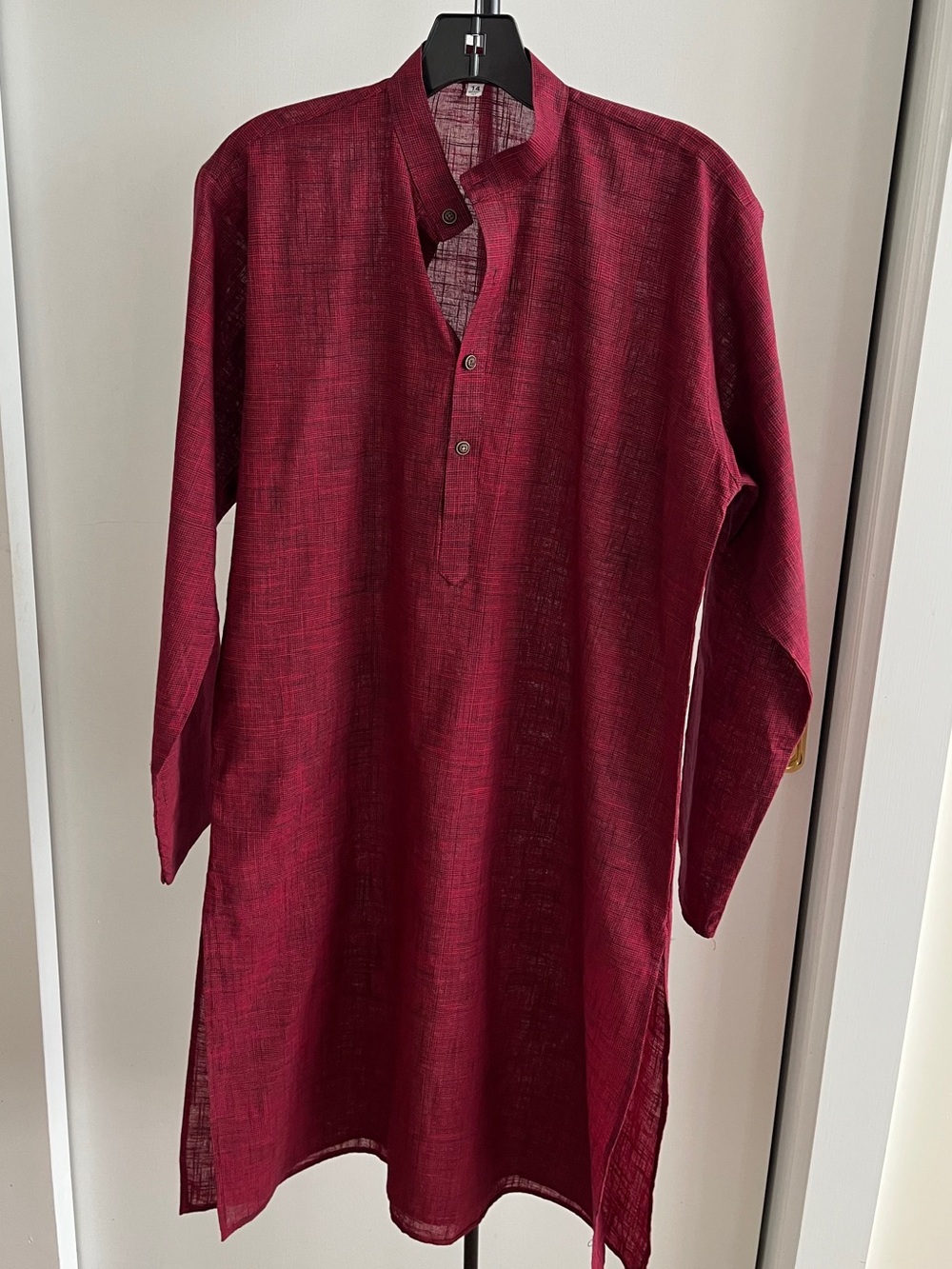 NWT FABINDIA Style Burgundy Wine 🍷 Maroon Long Kurta Woven Cotton Nehru Collar S